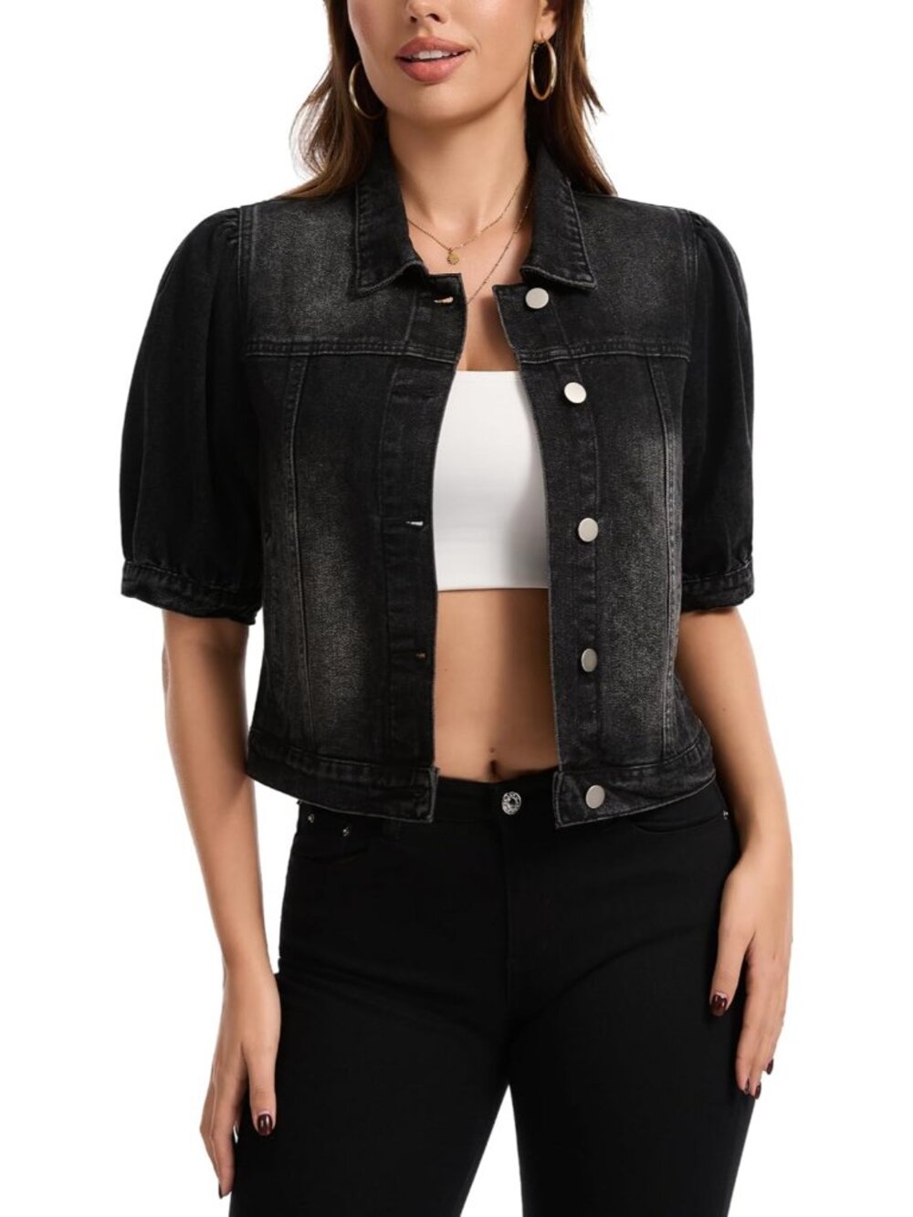 Women's Black Cropped Short Puff Sleeve Trendy Denim Jackets with Pockets